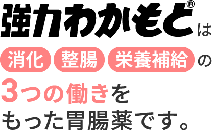 強力わかもとは消化整腸栄養補給の3つの働きを持った胃腸薬です。