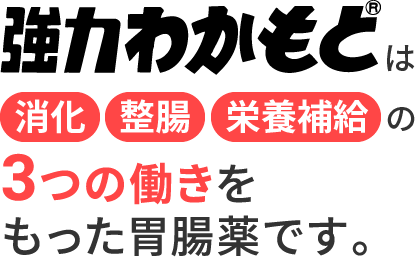 強力わかもとは消化整腸栄養補給の3つの働きを持った胃腸薬です。